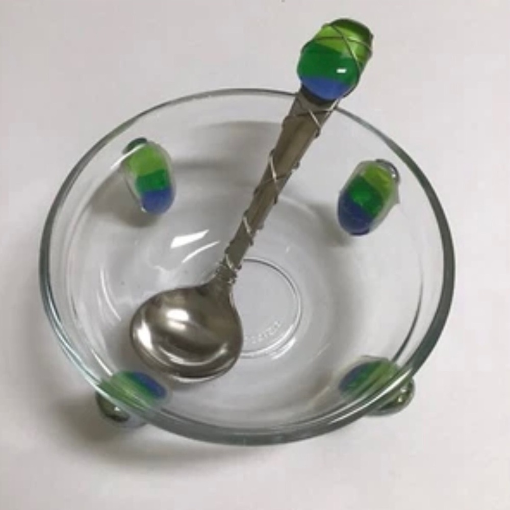 Art Glass Condiment Dish Blue Green Pebble Wire Wrapped Spoon Sea KIG Indonesia
